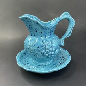Vtg Blue Speckled Small Pitcher and Bowl Set Grapes Fruit Marked DJ 3-1-73‎